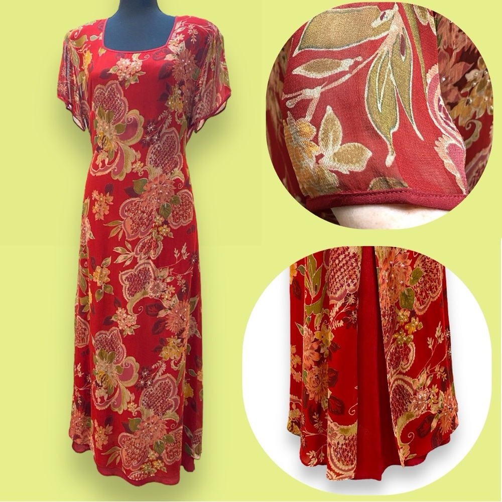 Two Layer Tomato Red Floral Print Pullover Side Slit Maxi Dress w/ Beading & Tie